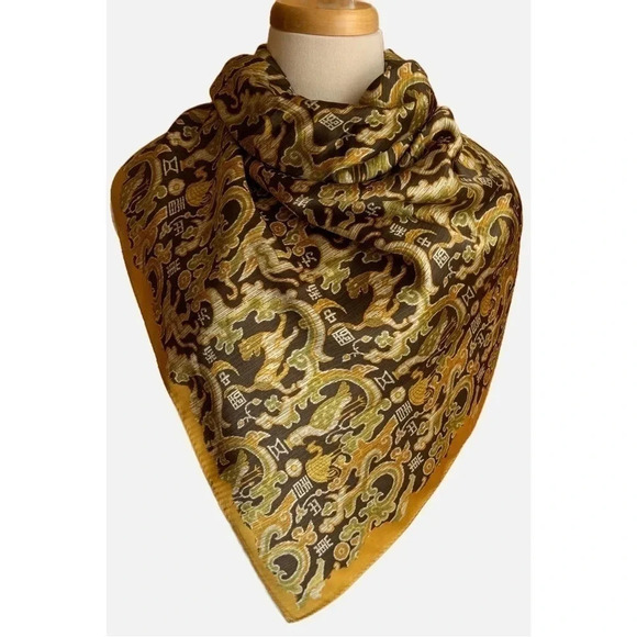 VINTAGE Olive/Gold Square Mulberry Silk Scarf - Picture 1 of 12